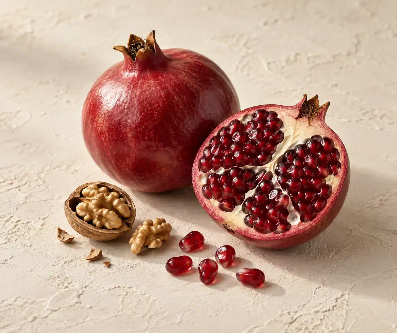 Whole and halved pomegranate with a cracked walnut and loose seeds on a warm cream plaster surface